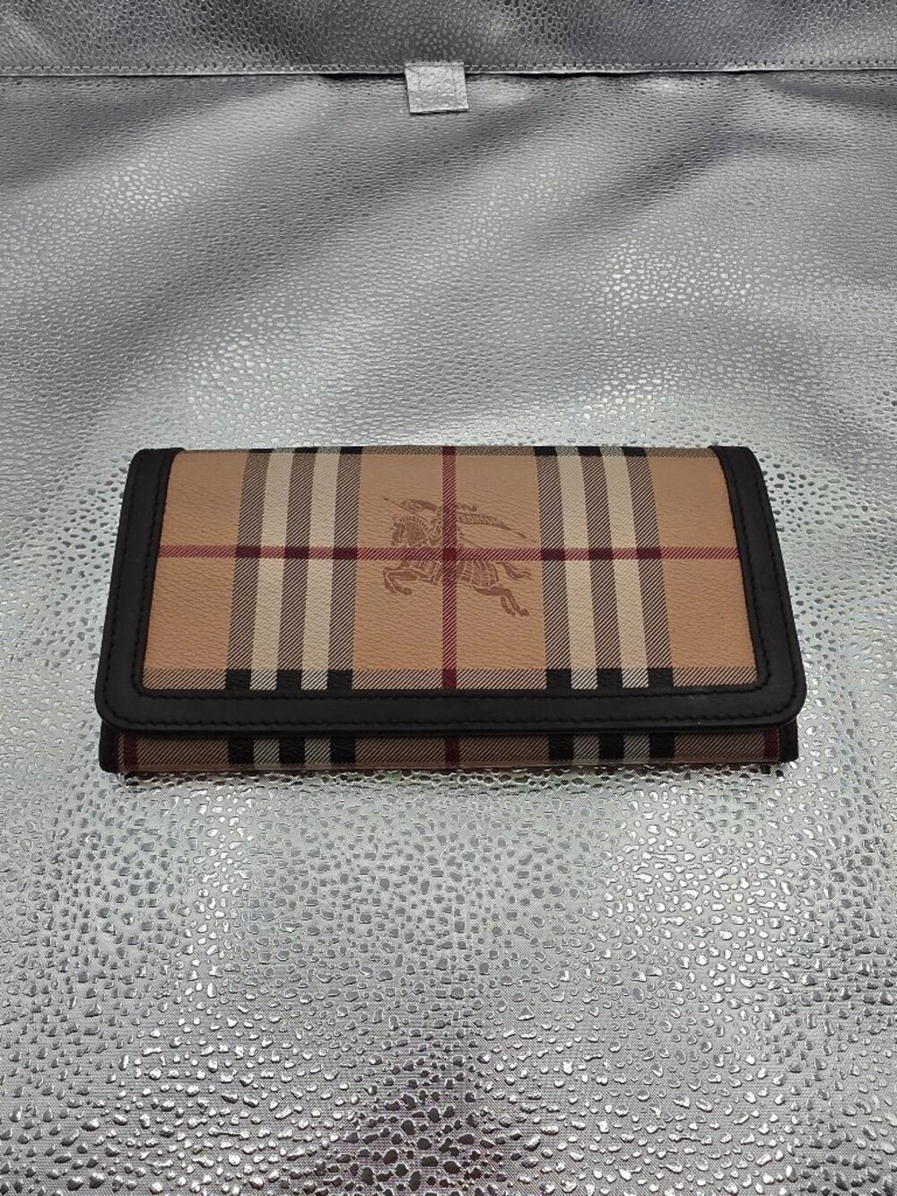 ✨ Authentic Burberry Haymarket Check Continental Wallet – Black Leather Trim | M